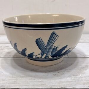 Vintage Delft Blue Hand painted Bowl With Windmill Sailboat Floral Design